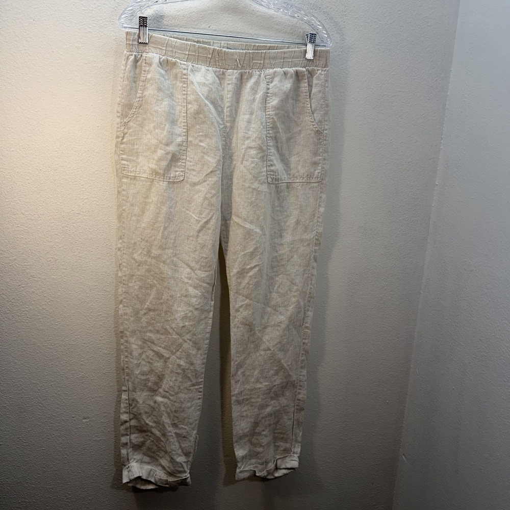 Kenar 100% Linen Sz M Tan Womens Pull On Pants Striped Lightweight Cuffed Casual